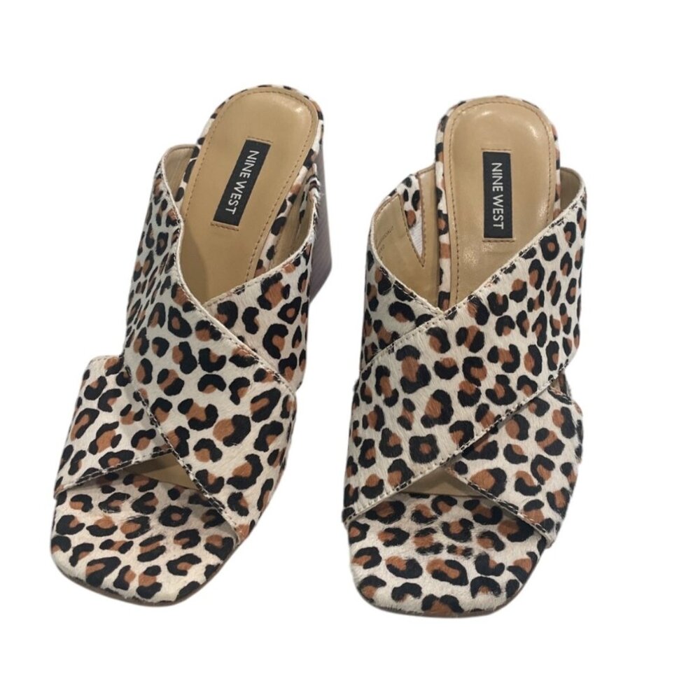 Nine West Womens Mule Sandals‎ Leopard Calf Hair 9M Block Heel Safari Date Night - Picture 2 of 4